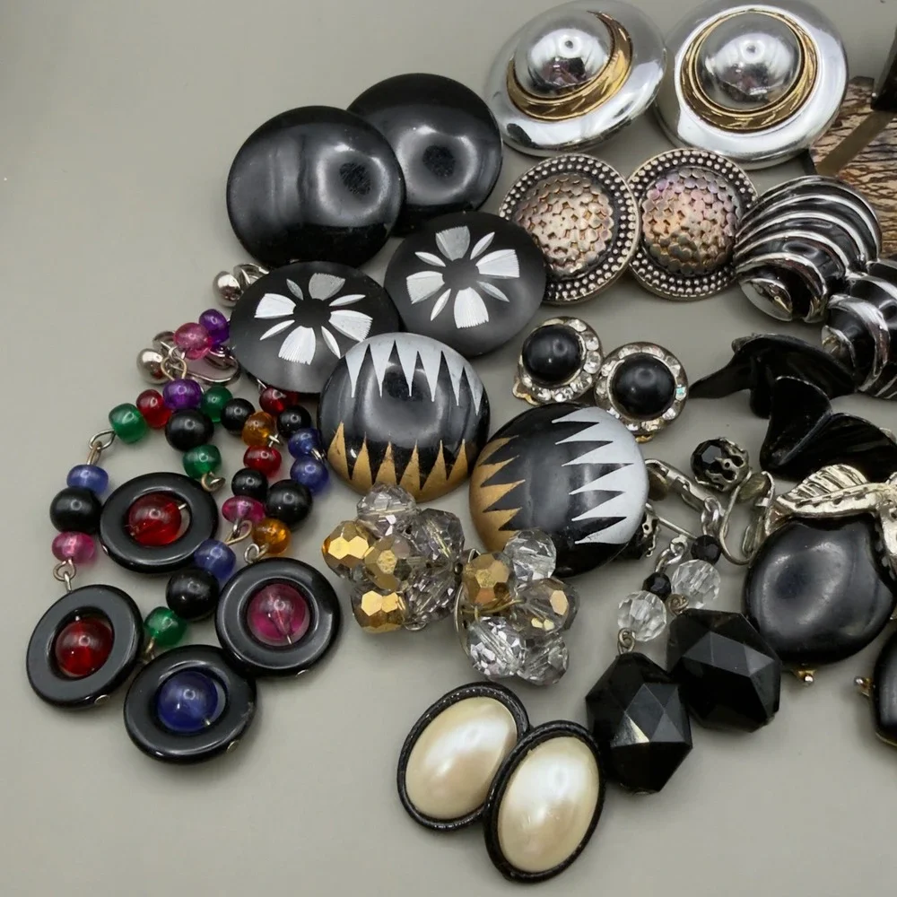 Vintage Clip On Earring Lot 13 Pairs 80s 90s Retro Geometric Pearl Beaded Black